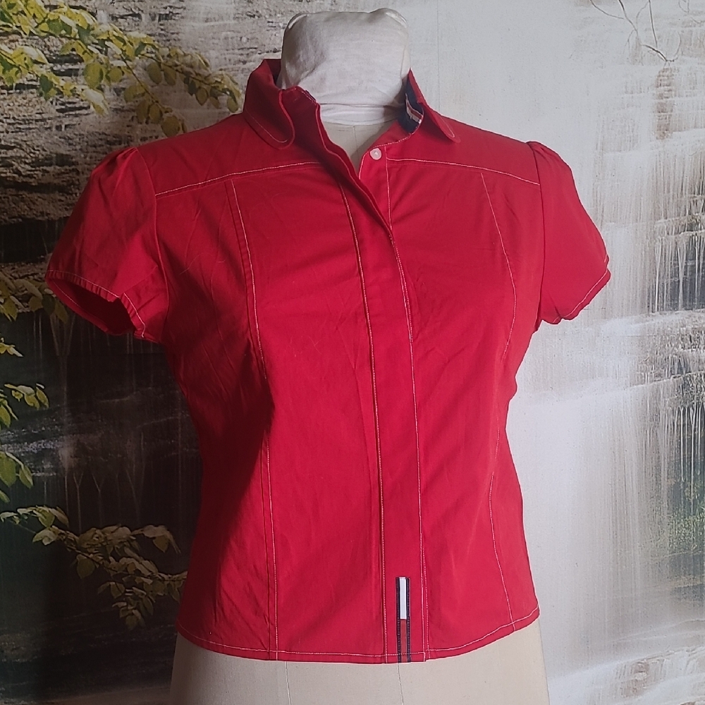 Tommy Hilfiger Womens Large Bright Red Short Sleeve Covered Button Down Blouse